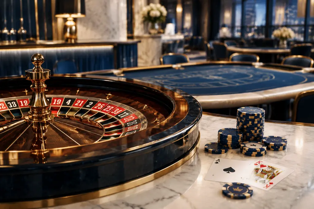 Meja roulette dan kartu di ruang kasino bernuansa porselen dan biru tua